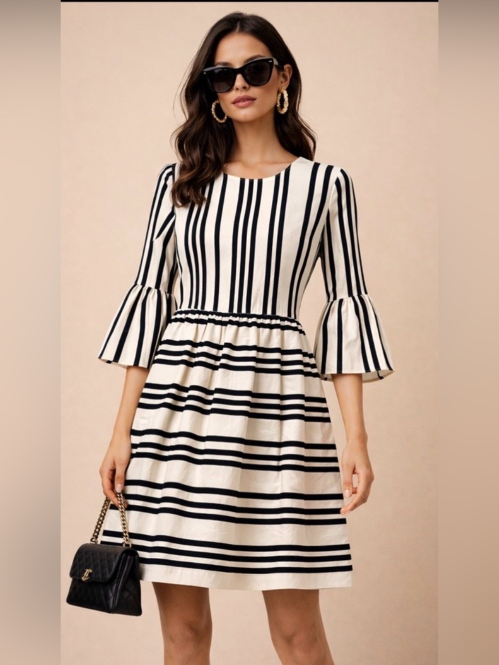 alice + olivia Augusta Striped Ruffle Sleeve Dress White & Black